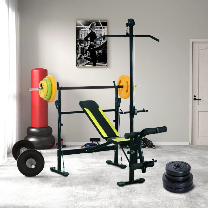 HOMCOM Ensemble haltères et barre 20 kg avec 6 haltères disques de 1,5 kg, 2,5 kg et 5 kg gym musculation orange vert et jaune