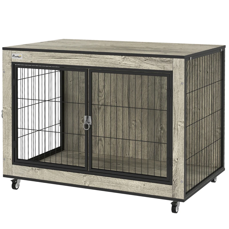 PawHut Dog Crate Furniture with Wheels, Double Doors, for Medium Dogs, Grey