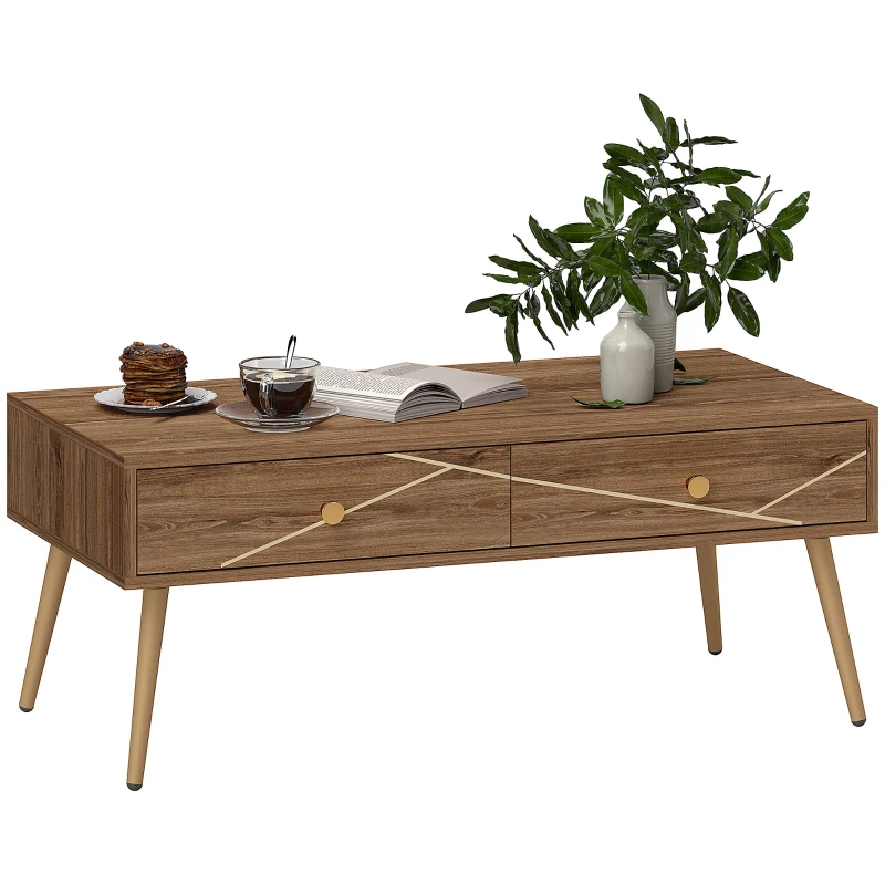 HOMCOM Table basse salon table de salon rectangulaire vaste plateau 2 tiroir pieds fuselés 100 x 50 x 41 cm marron