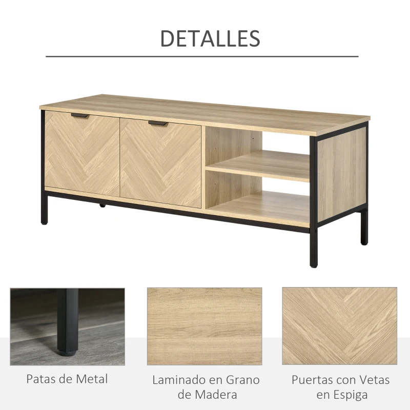 HOMCOM Mueble de TV para Televisores de hasta 50" Mesa de Salón Moderna con Armario 2 Compartimentos Estante Ajustable y Patas de Metal 120x40x46 cm Color Madera Natural
