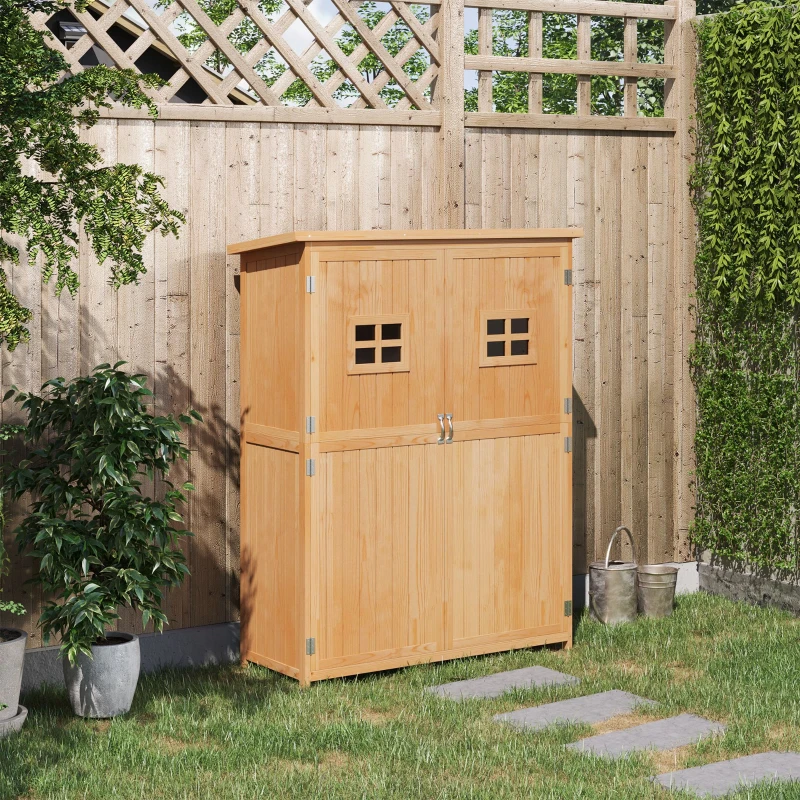 Outsunny Abri de Jardin en bois Armoire de Jardin dim. 127,5L x 50l x 164H cm 2 étagères 2 Portes 2 fenêtres Toit bitumé étanche Bois Massif Sapin pré-huilé bois naturel