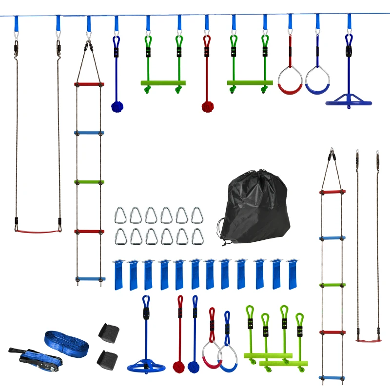 AIYAPLAY 10-Piece Zip Line Kit for Kids with 10m Slackline, Monkey Bars, Swing, Climbing Ladder, Hanging Tray, Metal Rings