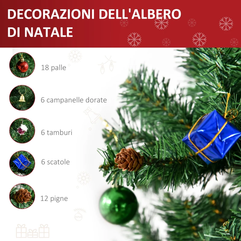 HOMCOM 180cm Albero di Natale Artificiale con 624 Rami in PVC Ignifughi, Albero di Natale Realistico con Decorazioni e Rami Folti, Verde
