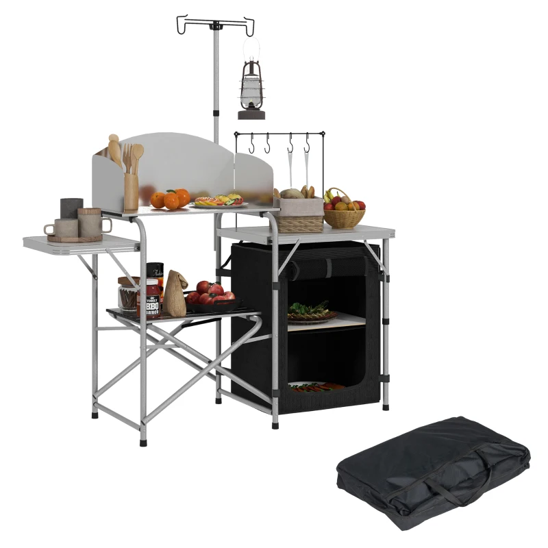 Outsunny Meuble de Cuisine pour le camping avec rangement, table d'extérieur pliante portable en aluminium avec sac de transport
