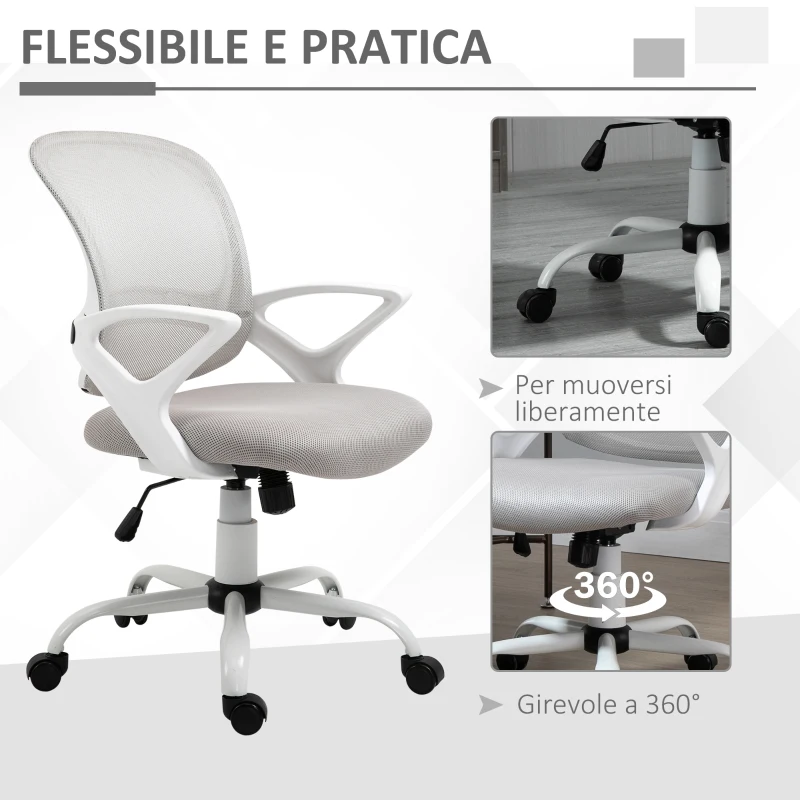 Vinsetto Sedia da Ufficio Basculante in Tessuto a Rete Grigio, Sedia da Scrivania Ergonomica e Girevole con Altezza Regolabile