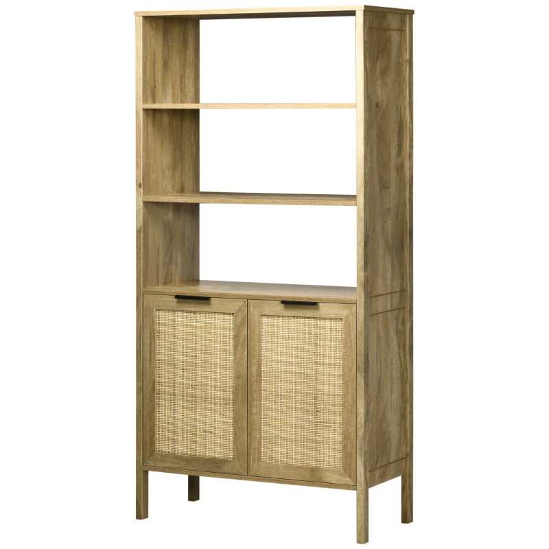 HOMCOM Bibliothèque style naturel 3 étagères placard 2 portes aspect bois et cannage 80 x 37 x 163 cm bois naturel