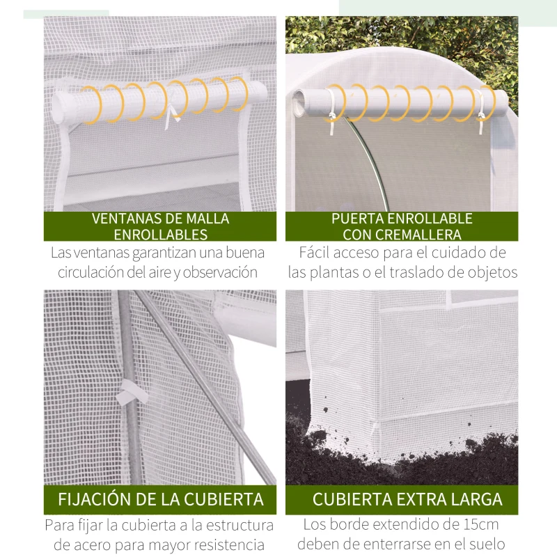 Outsunny Invernadero de Túnel con Puerta Enrollable y 4 Ventanas para Cultivo Plantas Verduras 245x200x200 cm Blanco