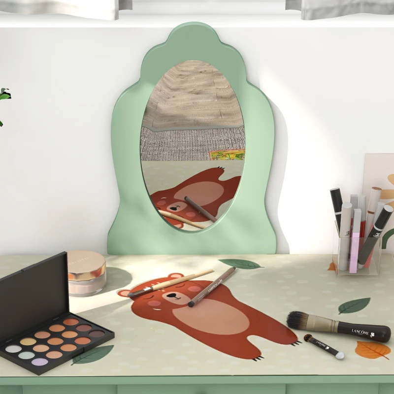 ZONEKIZ Kids Dressing Table with Mirror, Stool, Drawer, Cute Animal Design, Green