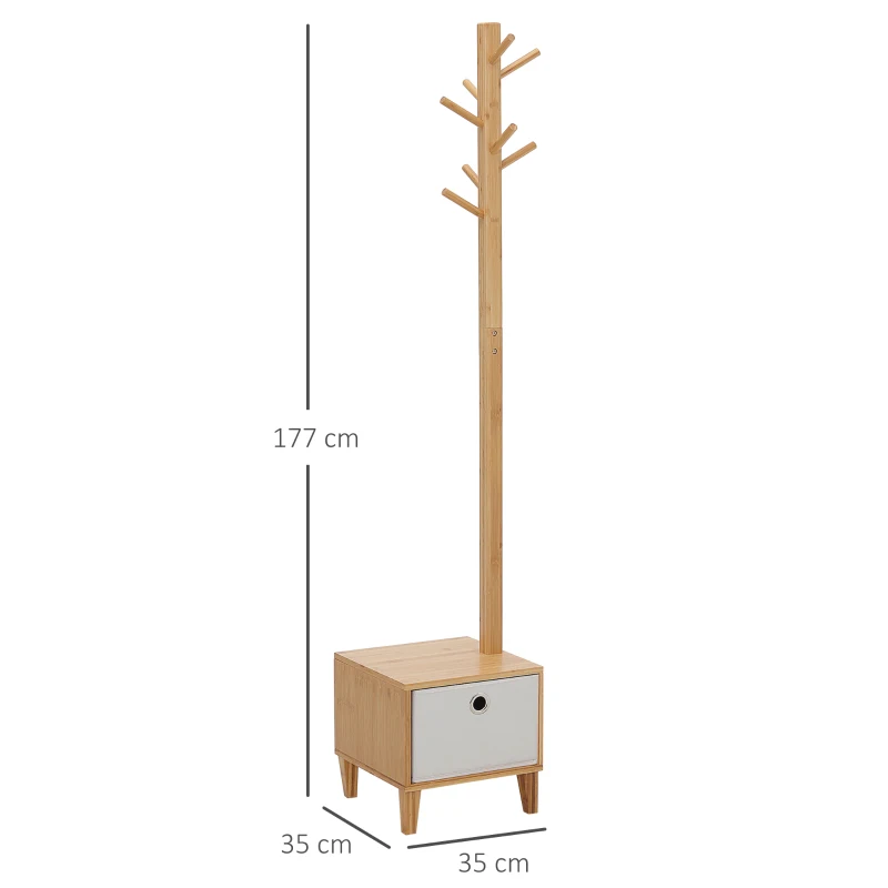 HOMCOM Perchero de Pie de Bambú Perchero con Banco Tipo de Árbol Cajón de Tela y 8 Ganchos para Colgar Ropa 35x35x177cm Natural