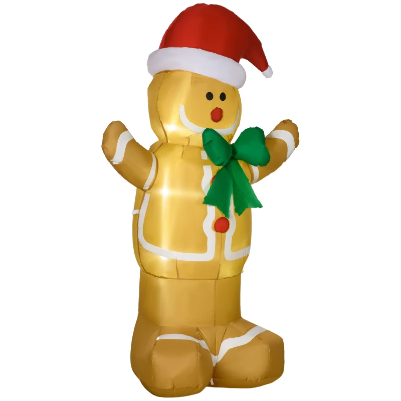 HOMCOM 6ft Christmas Inflatable Gingerbread Man & Santa Hat Safe Outdoor Decoration w/ Accessories