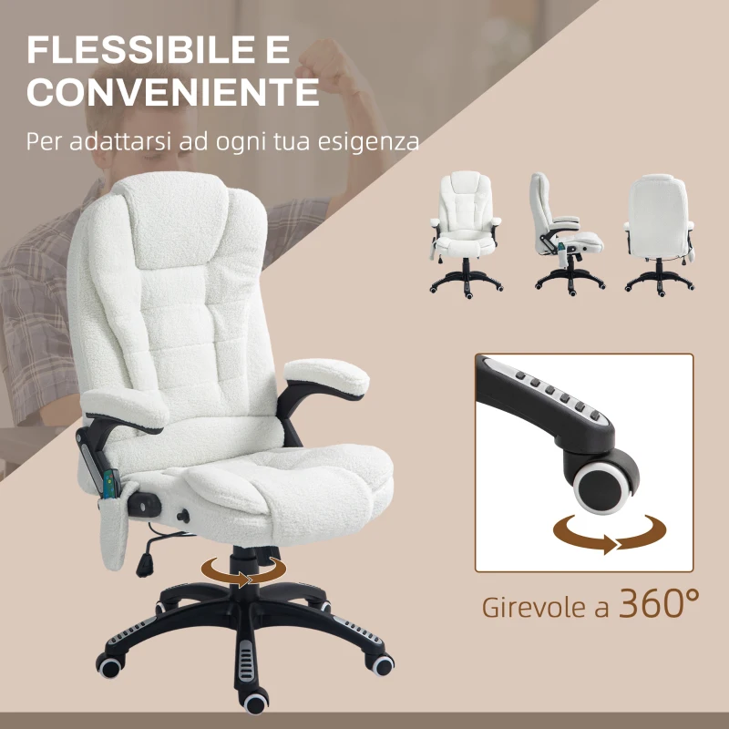 Vinsetto Sedia da Ufficio Massaggiante e Regolabile con Telecomando, in Tessuto Teddy, 67x74x107-116 cm, Bianco