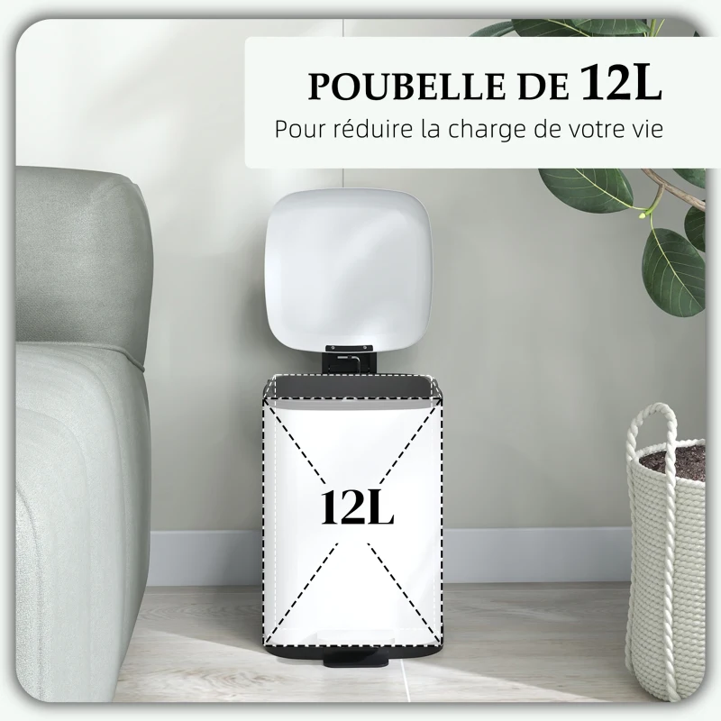 HOMCOM Poubelle de cuisine 12L avec couvercle, poubelle anti-traces de doigts avec pédale et seau intérieur amovible, blanc