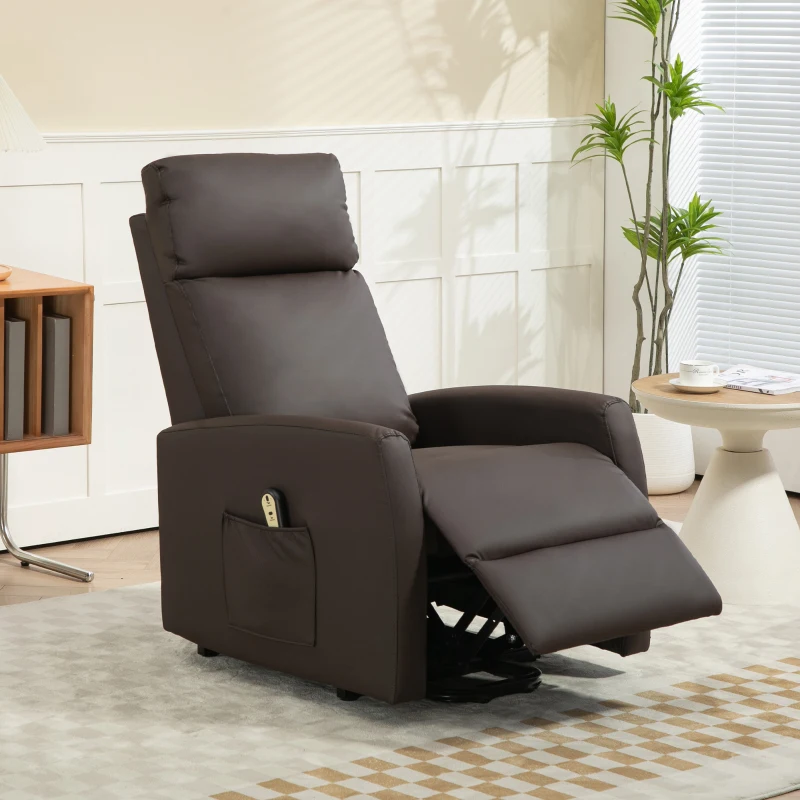 HOMCOM Poltrona Alzapersona Reclinabile a 145° con Telecomando e Poggiapiedi, in Pelle PU Marrone Scuro, 67x95x105 cm