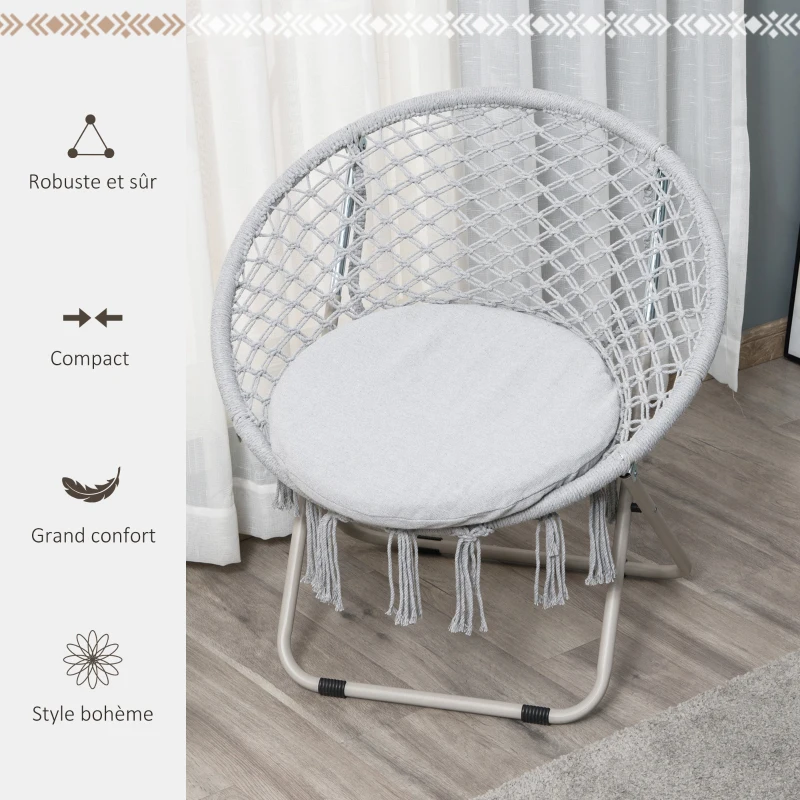 Outsunny Loveuse fauteuil rond de jardin fauteuil lune papasan pliable grand confort macramé coton polyester gris