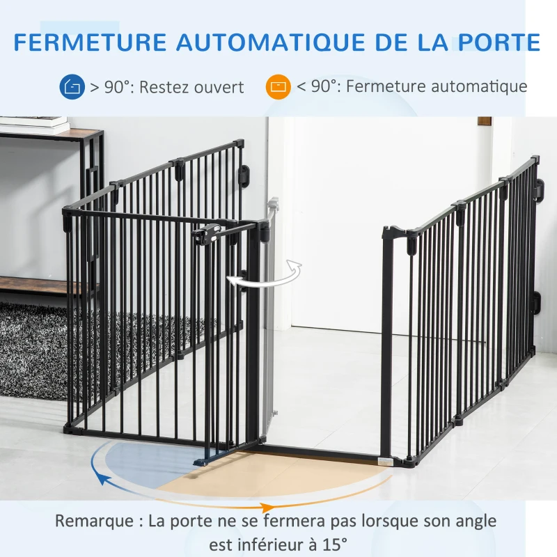 PawHut Barrière de sécurité barrière de protection cheminée parc enclos chien pliable modulable 8 panneaux avec porte sans perçage 482,5 x 76 cm noir