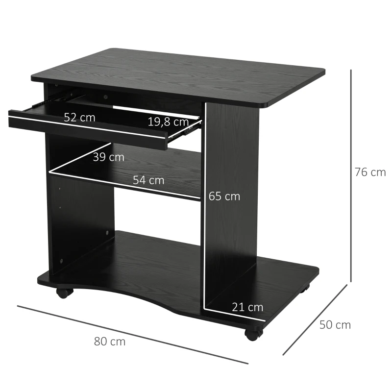 HOMCOM Bureau Informatique à roulettes avec Support Clavier dim. 80L x 50l x 76H cm MDF Noir