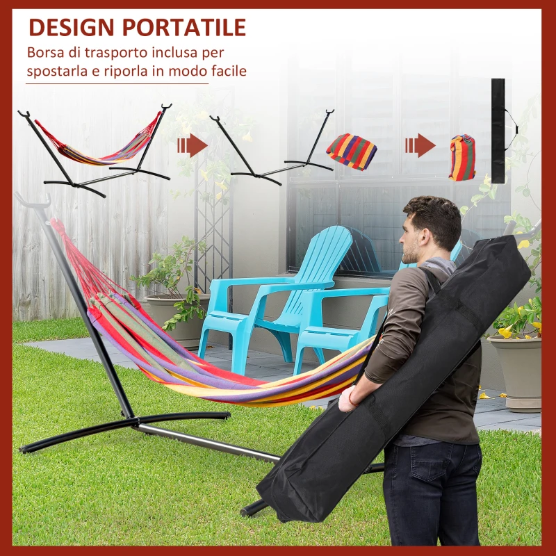Outsunny Amaca da Giardino Autoportante con Struttura in Acciaio e Cotone Multicolor, Custodia Inclusa