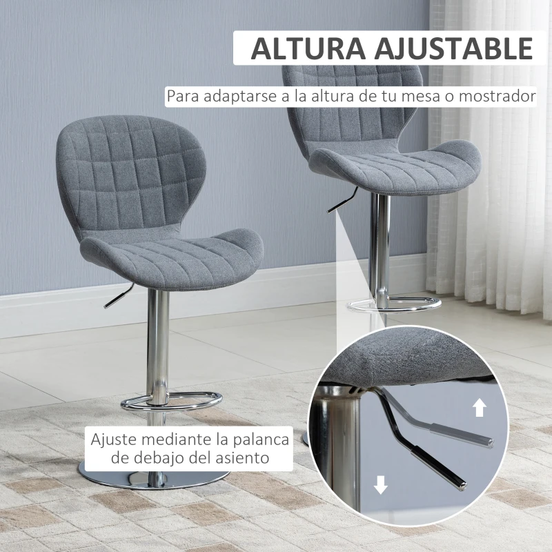 HOMCOM Juego de 2 Taburetes de Bar Modernos Taburetes Altos de Cocina Giratorios con Altura Ajustable Reposapiés y Base de Acero 47x53,5x94-113 cm Gris