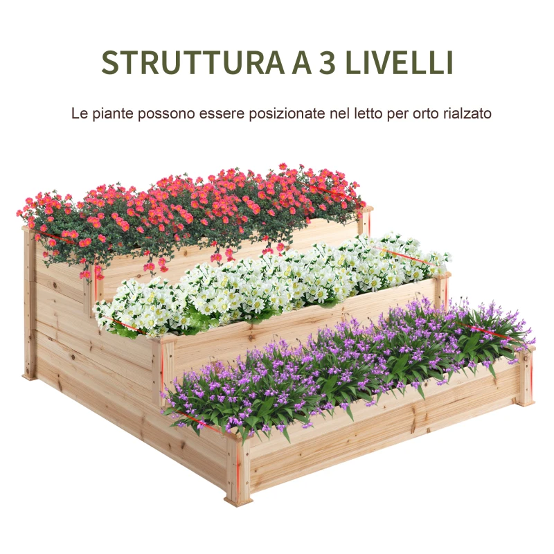 Outsunny Letto per Orto Rialzato a 3 Livelli in Legno Naturale, Fioriera Rialzata da Esterno per Piante, 120x120x56cm