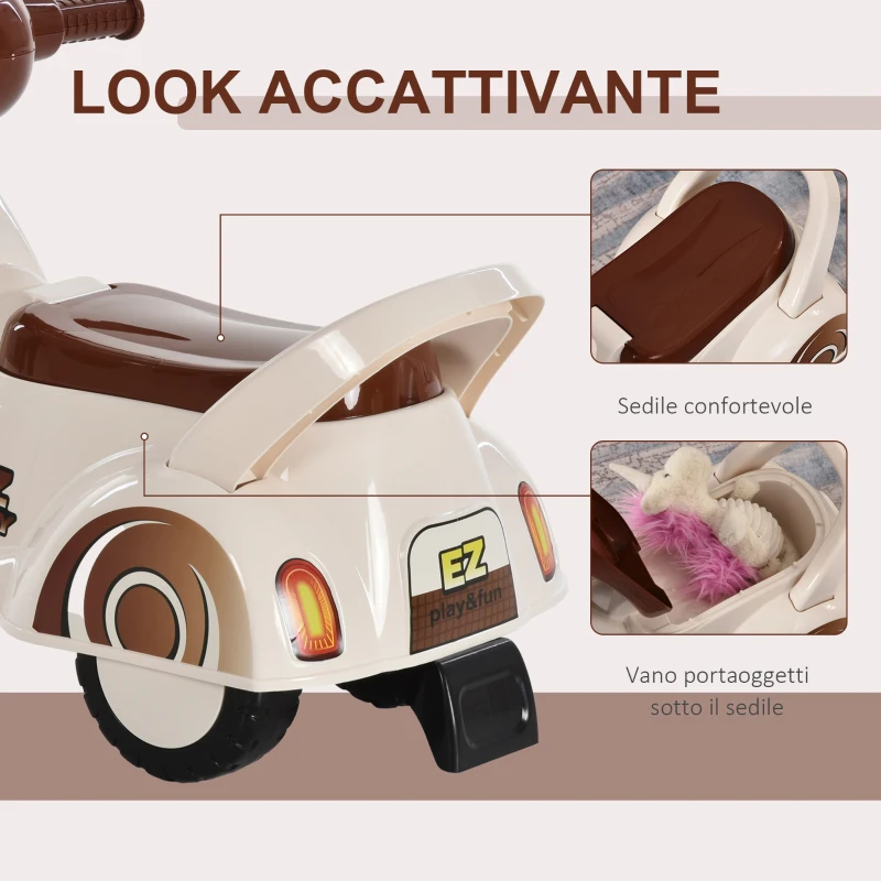 HOMCOM Moto per Bambini 12-36 mesi, Triciclo Senza Pedali con Luci e Suoni Realistici, Beige e Marrone, 66x33x 47.7cm