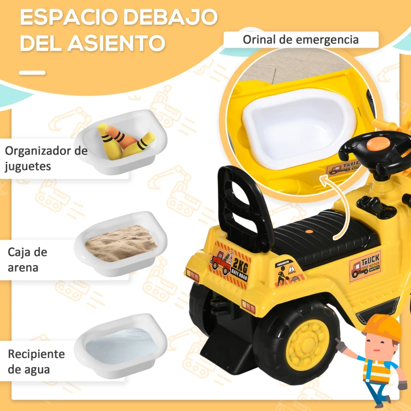 HOMCOM Correpasillos para +2 Años Excavadora de Juguete sin Pedales con Pala Móvil Bocina 83x27x39 cm Amarillo