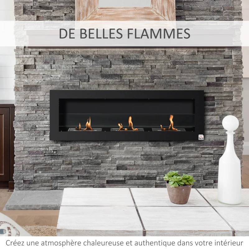 HOMCOM Cheminée bioéthanol Murale encastrable 3 brûleurs 3 L au total, environ 3 h de durée de combustion, dims. 120L x 15l x 40H cm, acier inox noir(m-6)