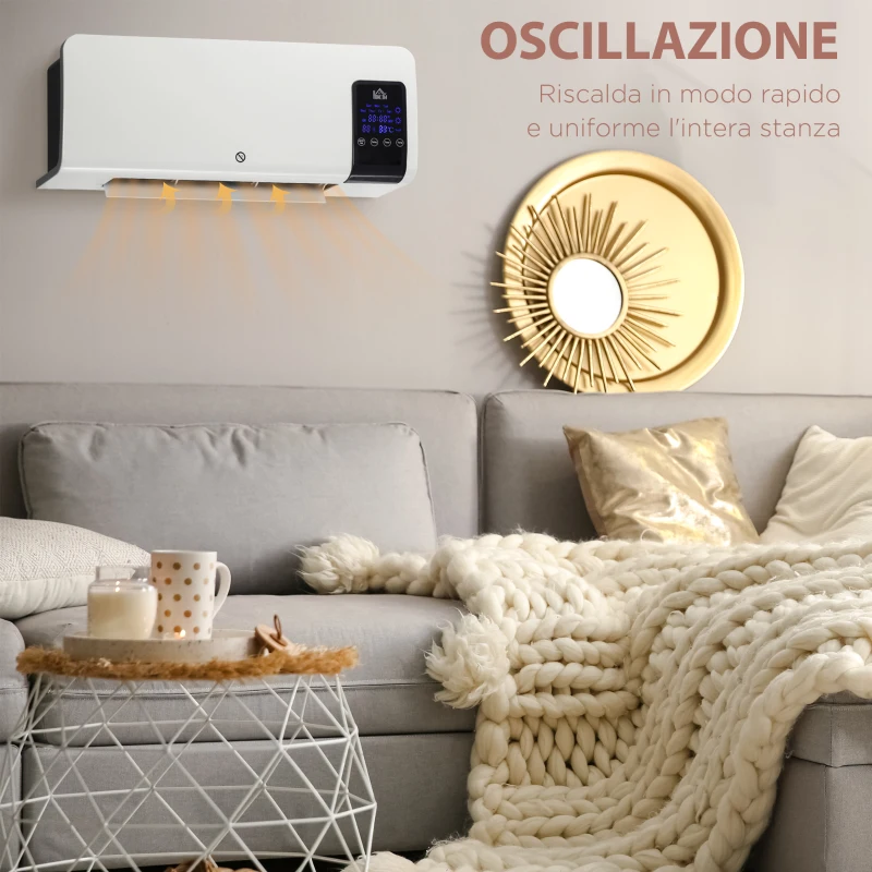 HOMCOM Termoventilatore da Parete Oscillatorio con Timer 12h e 2 Modalità di Riscaldamento, 54.5x12x21.5 cm, Bianco