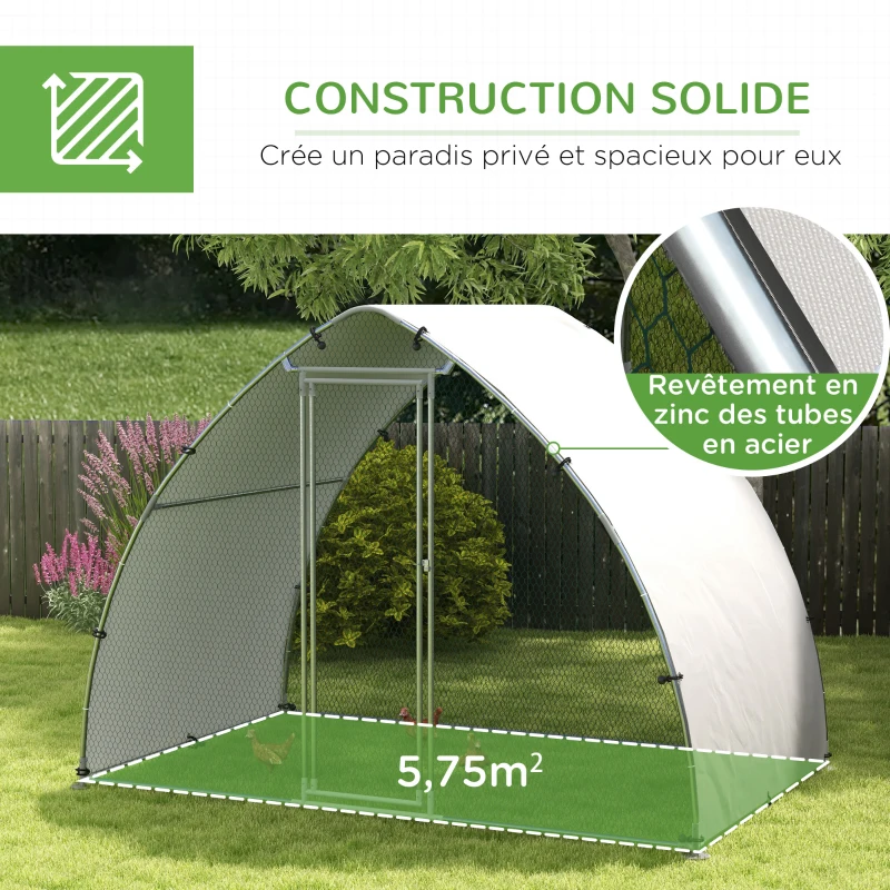 PawHut Grand enclos poulailler chenil volière extérieure 5,75m² toit anti-UV toit anti-UV, acier galvanisé, porte verouillable