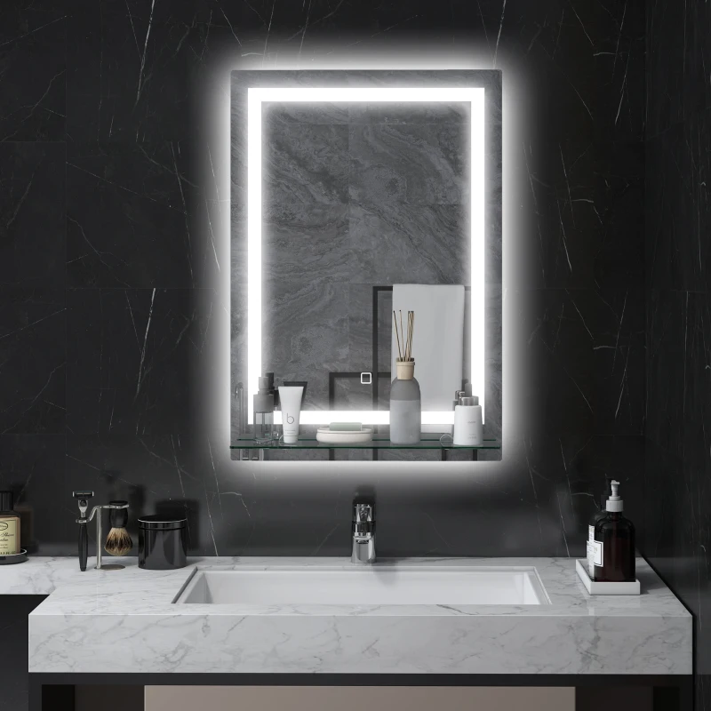 kleankin Specchio per Bagno a Luci LED a 3 Colori Regolabili con Mensola in Vetro, 50x12x70 cm, Argento