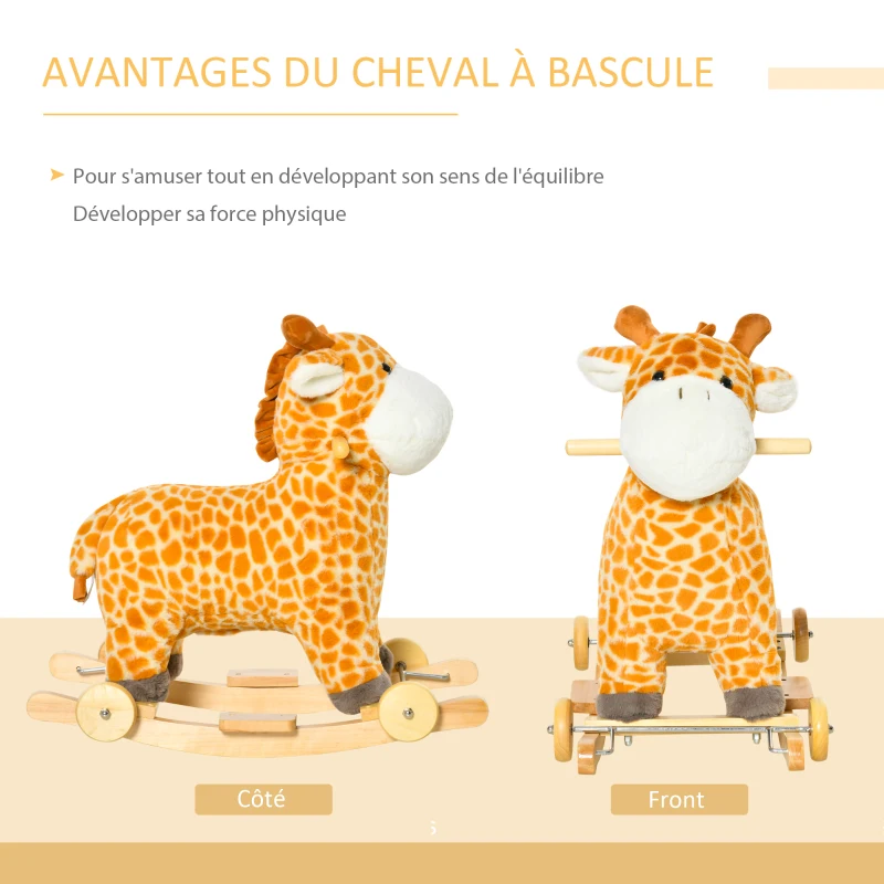 HOMCOM Jouet à Bascule Girafe et Porteur sur roulettes 2 en 1 Fonction sonore mugissement Bois peuplier Peluche Courte Polyester tacheté