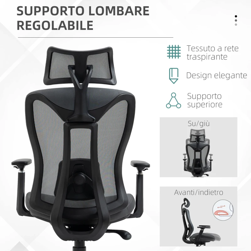 Vinsetto Sedia da Ufficio Reclinabile con Poggiatesta, Supporto Lombare e Altezza Regolabili, Grigio