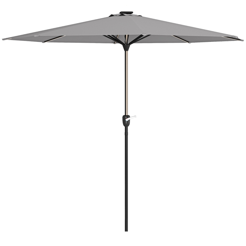 Outsunny Sombrilla de Jardín con Luces LED Solares Ø265x240 cm con Manivela Manual para Terraza Piscina Patio Gris Claro