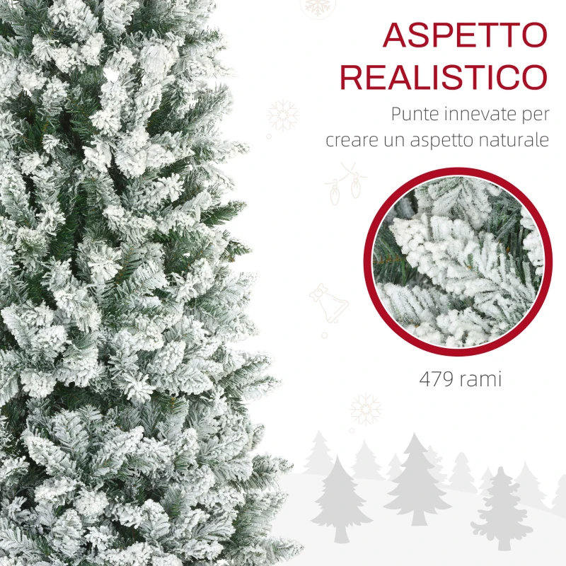 HOMCOM Albero di Natale 182.88cm con 479 Rami Innevati, Design Alto e Stretto con Base Pieghevole, Verde