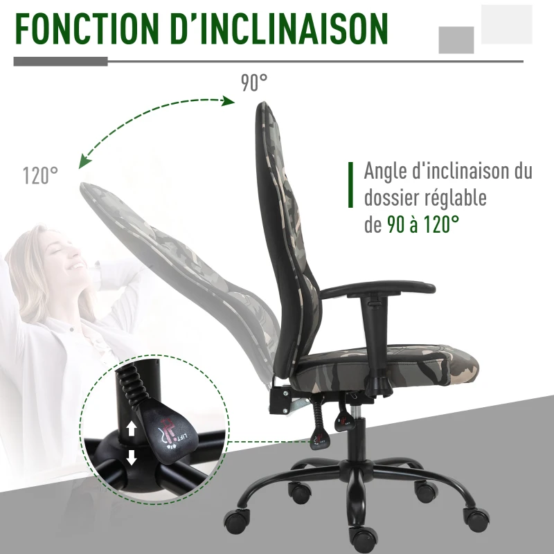 HOMCOM Fauteuil gaming militaire - chaise gamer - inclinable, hauteur réglable assise & accoudoirs, pivotant - polyester noir vert