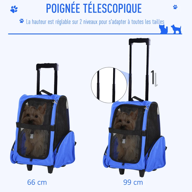 PawHut Sac de transport à roulettes pour chien 2 en 1 trolley chariot sac à dos pour chien chat avec poignée téléscopique, sacs de rangement, aérations, attache de sécurité, 42 x 25 x 55 cm, bleu