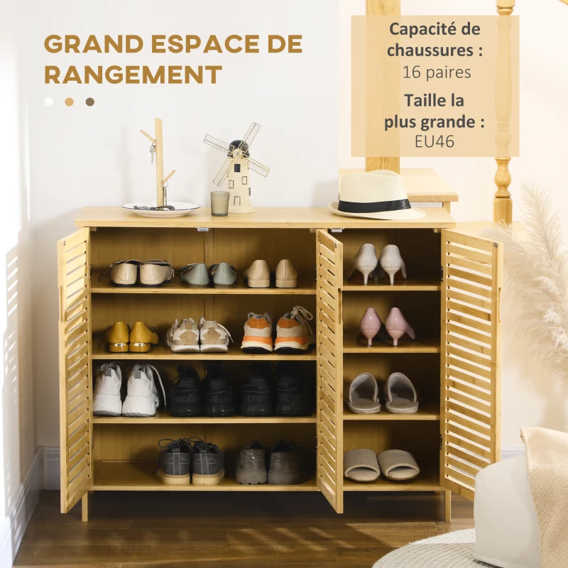 HOMCOM Meuble à chaussures armoire à chaussures style naturel - 2 placards avec 8 étagères - en bambou bois naturel