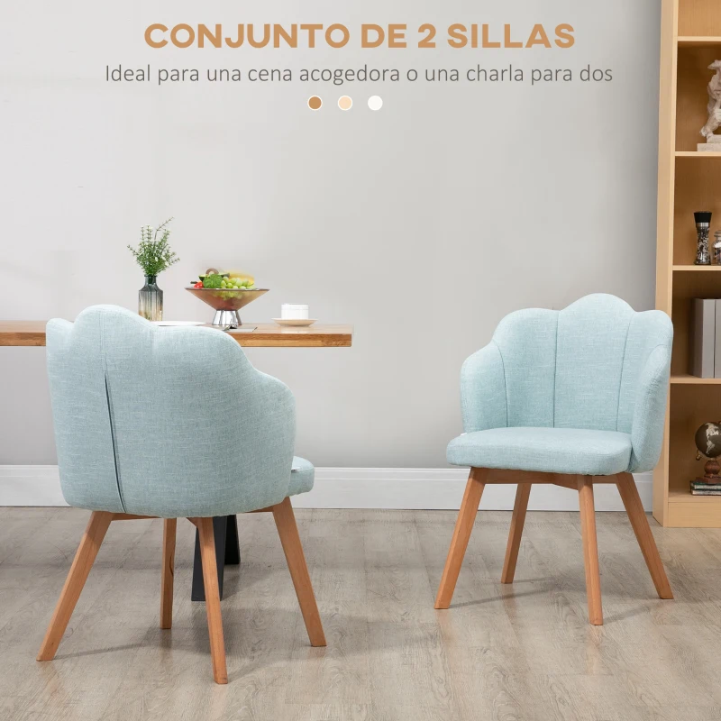 HOMCOM Set de 2 Sillas de Comedor en Forma de Flor con Asiento y Respaldo Acolchado Carga 120 kg 58x60x82 cm Verde Azulado