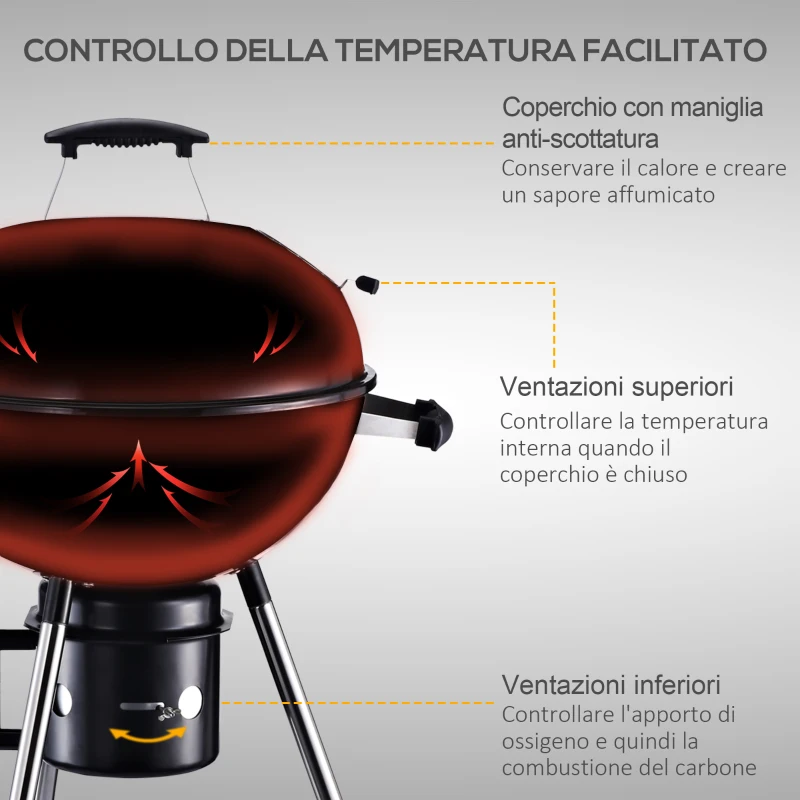 Outsunny Barbecue in Ghisa con 2 Ruote e 2 Griglie | Coperchio con Termometro, Valvola e Ripiano Inferiore | 50x63x94cm