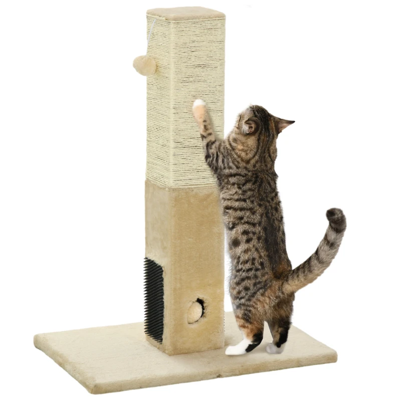 PawHut Poteau à gratter pour chat griffoir pour chat balle avec clochette 2 brosses de toilettage 59,5 x 39 x 79 cm beige crème