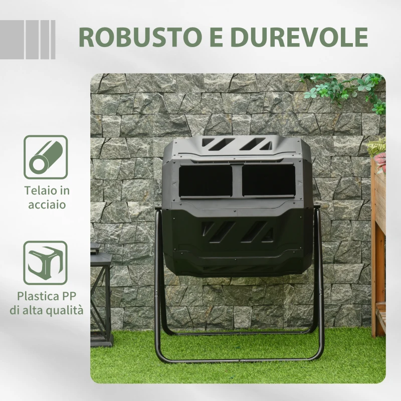 Outsunny Compostiera da Giardino Girevole a 2 Sezioni con 8 Prese d'Aria, Compostiera Domestica in Acciaio e PP, 160 L, per Compostaggio Rifiuti Organici, 71x65x96 cm, Nero