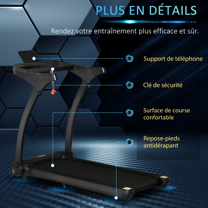 HOMCOM Tapis de course électrique pliable 1-14 km/h 550 W tapis roulant écran LED support de téléphone bande extra-large antidérapant acier PP ABS 153 x 77 x 124 cm noir