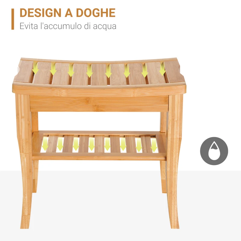 HOMCOM Sgabello da Bagno in Bambù Naturale con Ripiano Portaoggetti per Anziani e Disabili Portata 100kg 47.5x26x44.5cm
