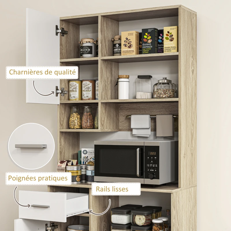HOMCOM Armoire de cuisine haute, meuble de rangement moderne avec étagères réglables, tiroir, blanc et aspect bois