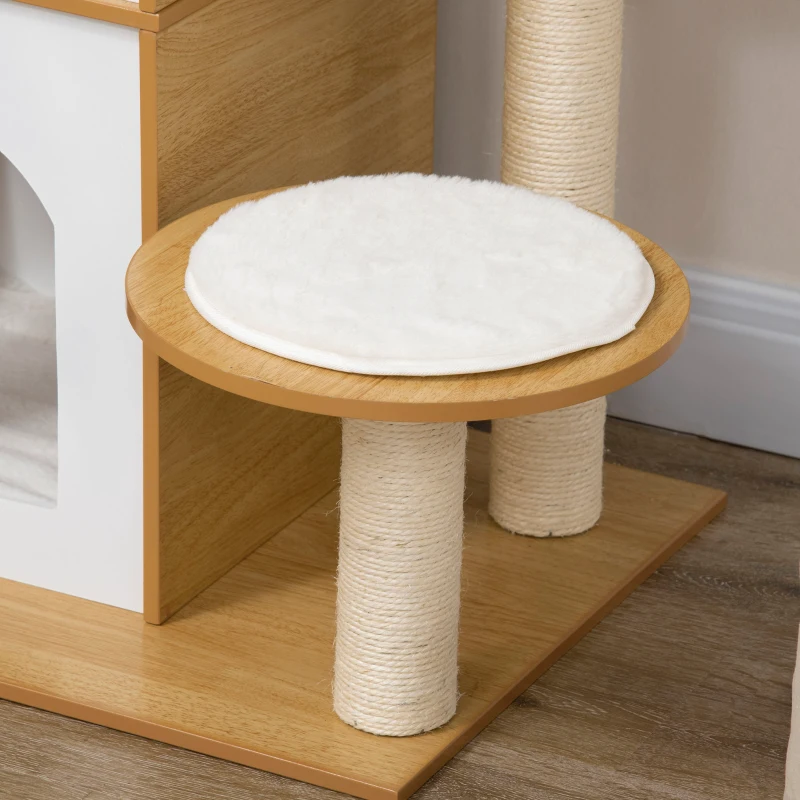 PawHut Arbre à chat design contemporain griffoirs grattoirs 2 niches plate-formes 5 coussins sisal naturel hauteur 133 cm blanc