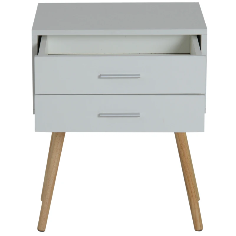 HOMCOM Table de chevet table de nuit design scandinave 48L x 40l x 60H cm 2 tiroirs pieds effilés inclinés bois massif panneaux particules blanc