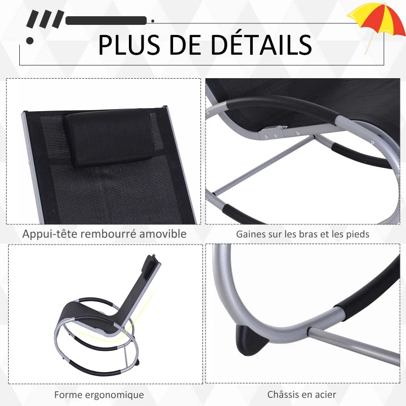 Outsunny Fauteuil Chaise Longue à Bascule Design Contemporain dim. 117L x 62l x 91H cm alu. Polyester Noir