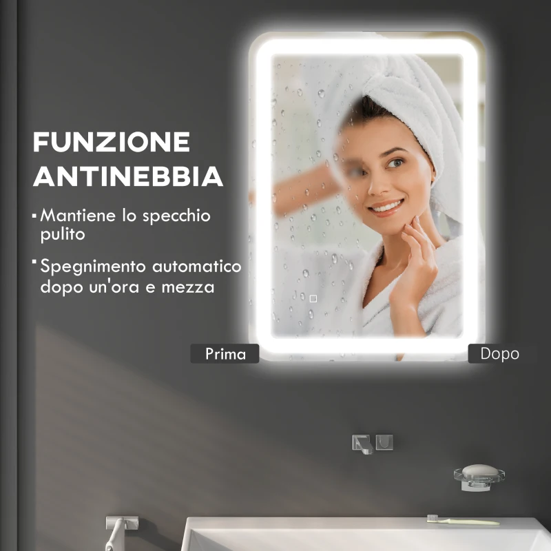 HOMCOM Specchio Bagno con Interruttore Touch, Luce LED a 3 Temperature e Antiappannamento, 70x50cm
