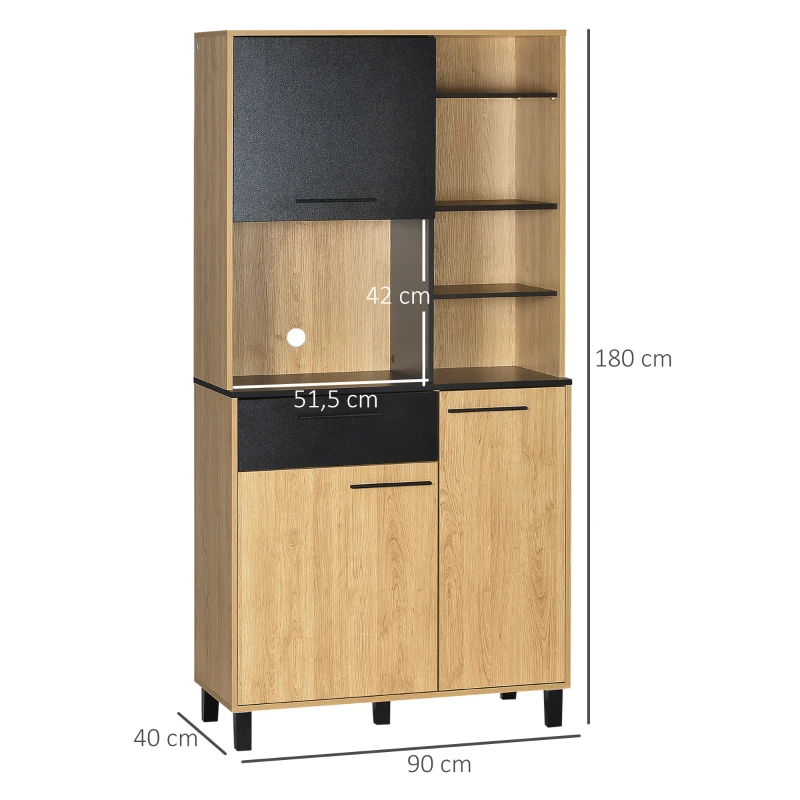 HOMCOM Armoire de cuisine multi-rangements avec tiroir 3 placards 4 niches et passe-câbles hauteur 180 cm noir et bois naturel(m-3)