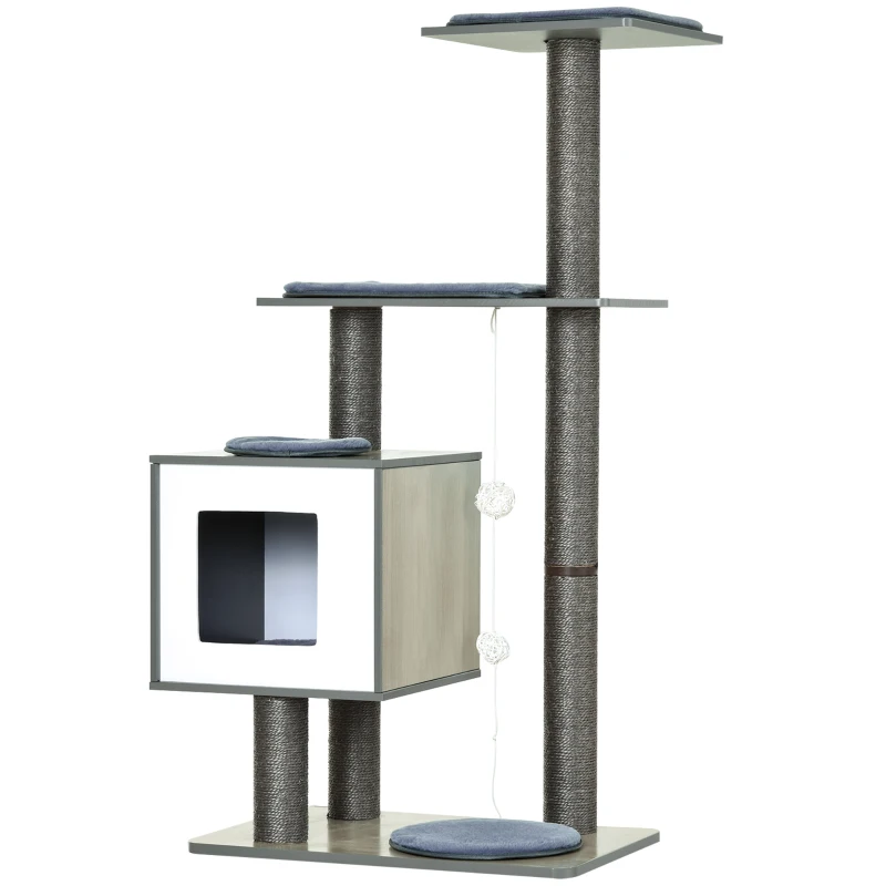 PawHut Arbre à chats design contemporain griffoirs grattoirs sisal naturel centre d'activités niche plate-formes jeu boules suspendues 71,5L x 49,5l x 120H cm MDF hêtre gris