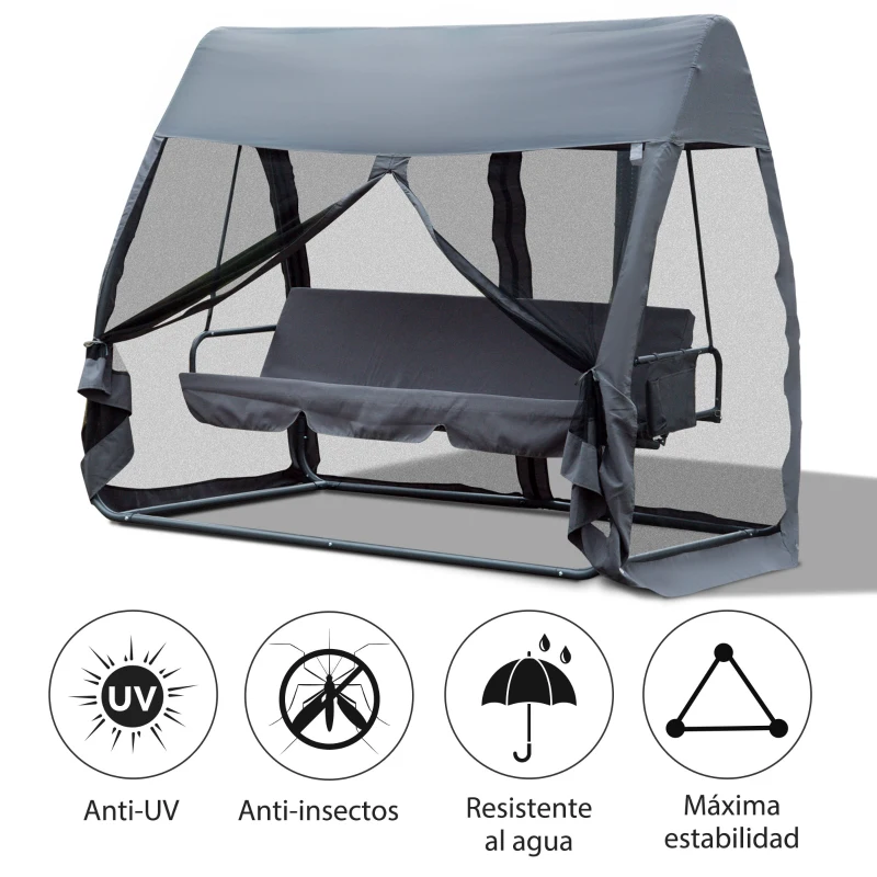 Outsunny Columpio de Jardín 3 Plazas Convertible en Cama Balancín con Mosquitera de Puertas Espacio de Almacenaje Terraza Balcón Exterior 240x140x197 cm Acero Carga Máx. 300 kg Gris